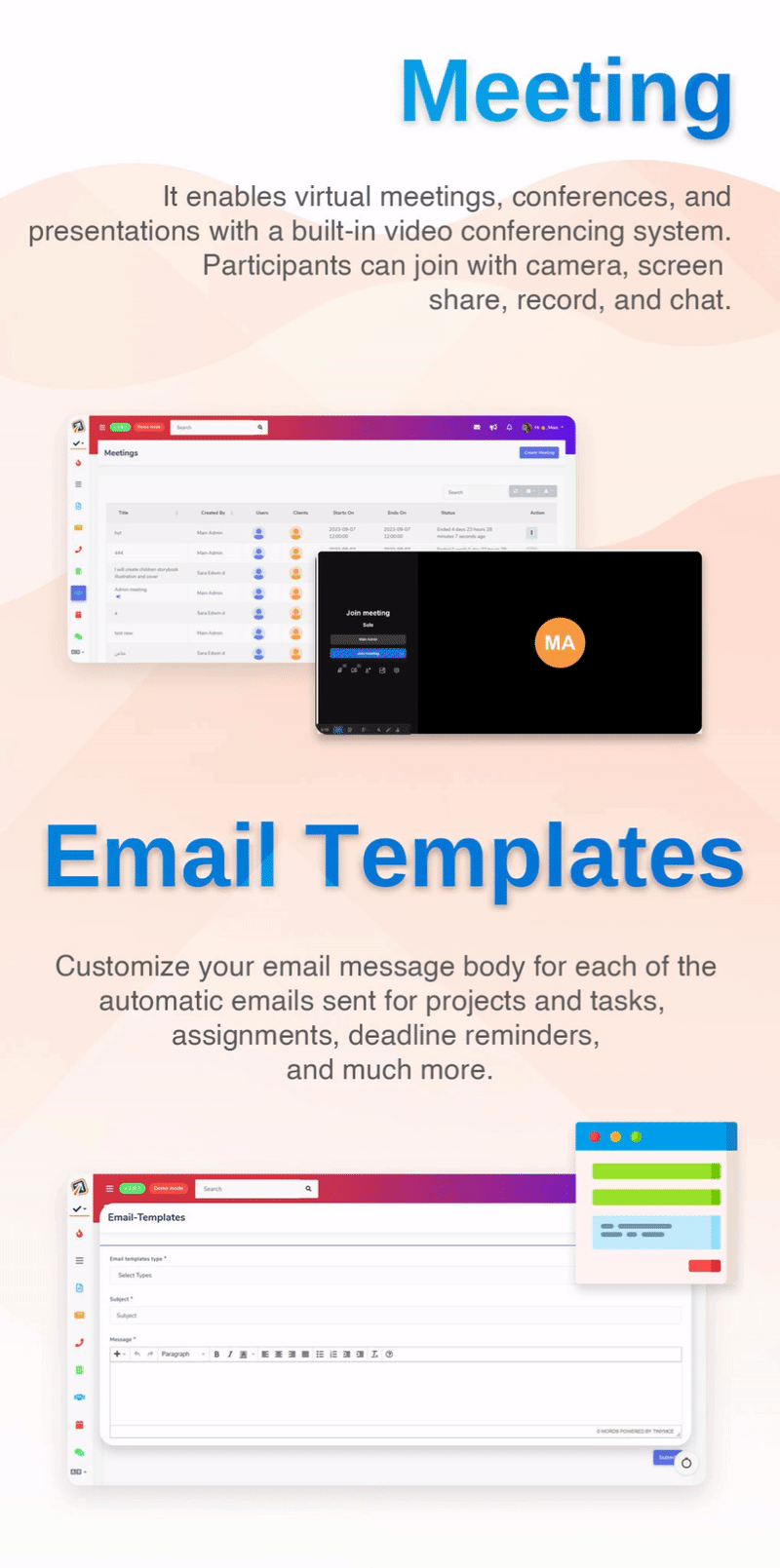 Meetings and Video Conferencing & Customize Email Templates- Taskhub