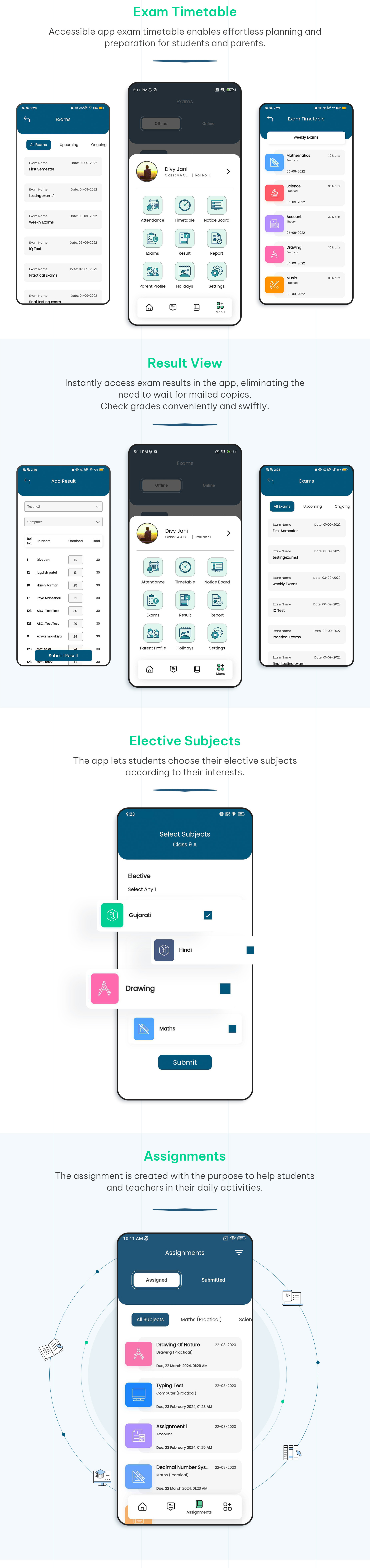 Exam timetable, elective subject - Online school management software