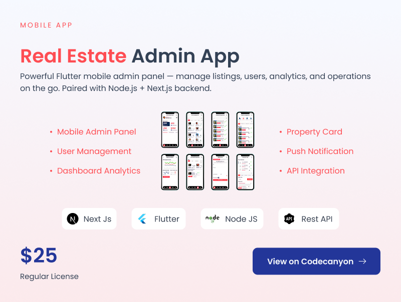 Real Estate Admin App, a Flutter mobile admin panel to manage listings, users, analytics and operations, backed by Node.js and Next.js. Regular License 25 dollars.