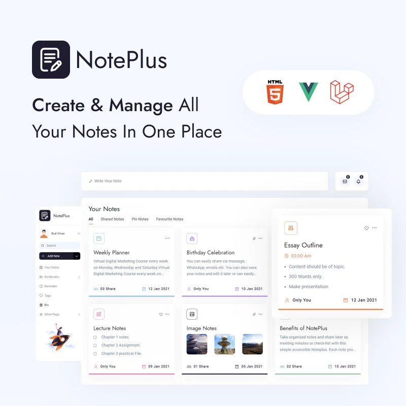 Noteplus - Note Taking Admin Template (VueJS, Laravel, HTML) - 6