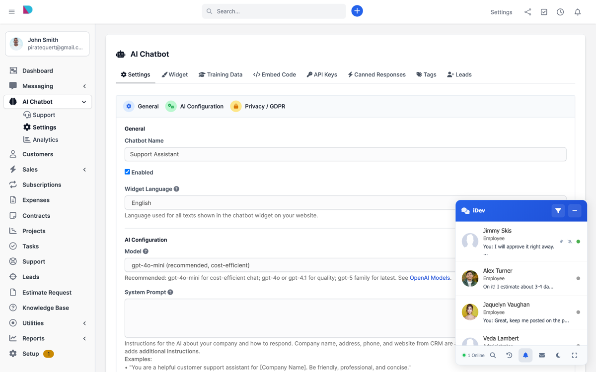 Perfex CRM AI Chatbot Settings - Training Data, Widget, API Keys and Canned Responses