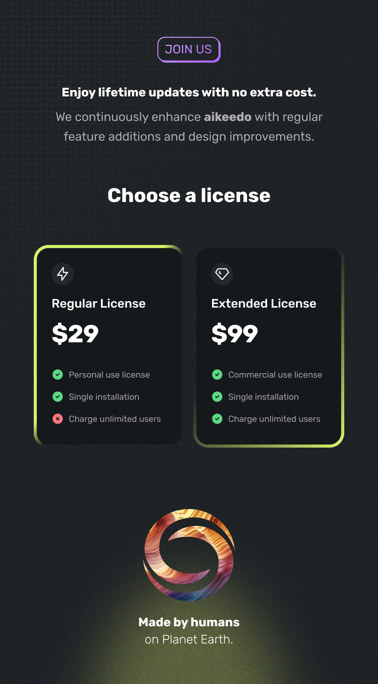 Choose a license - Join us - Enjoy lifetime updates aikeedo @heyaikeedo