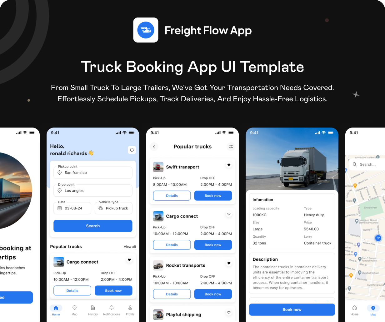 TruckerZone UI template | Online Truckload Booking App in Flutter | FreightFlow App Template - 2