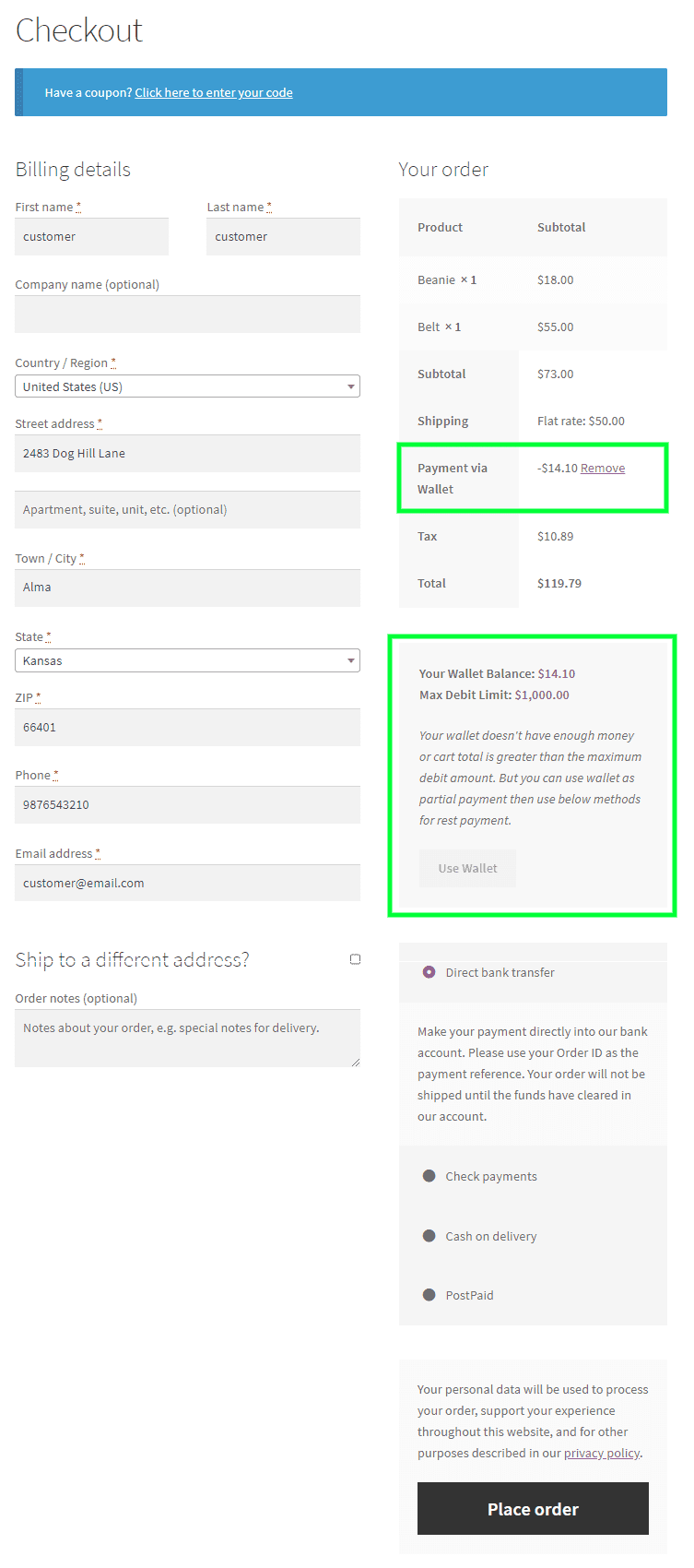 Wallet partial payment