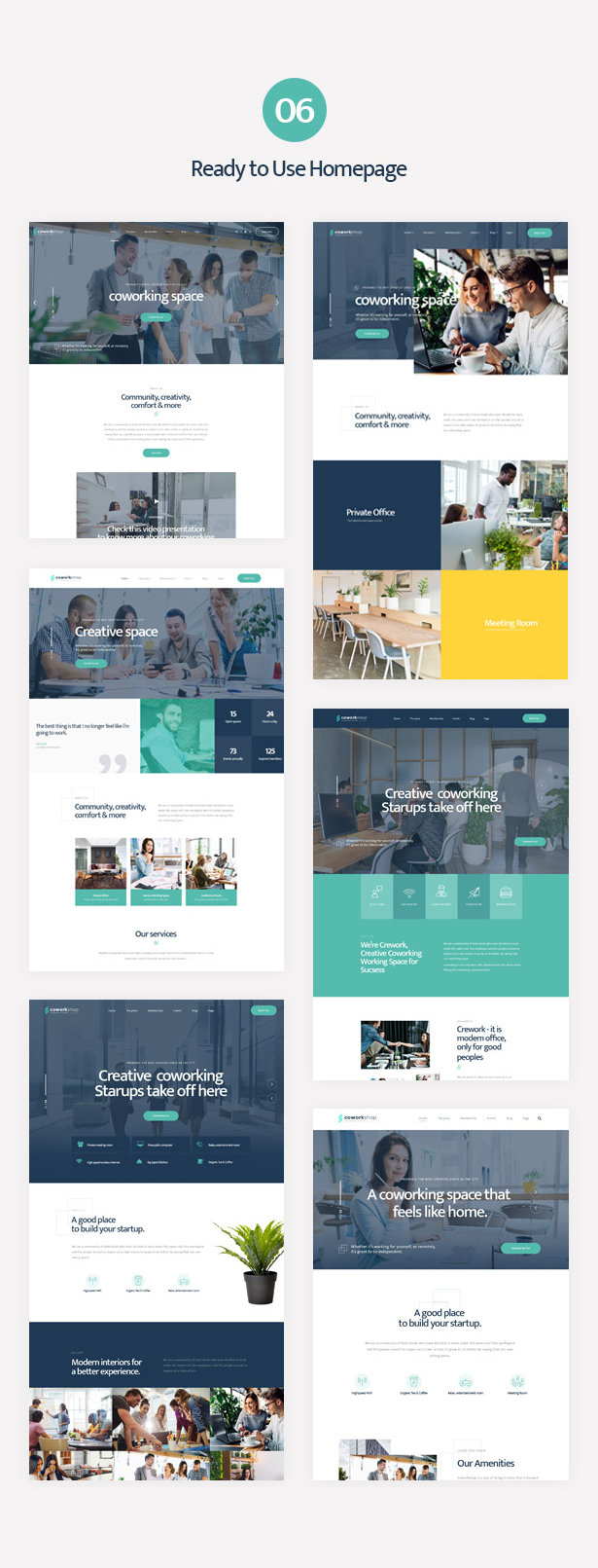 Multiple ready-to-use homepages of Coworkshop Coworking Center WordPress Theme