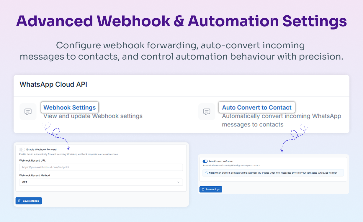 Webhook settings and automation configuration for WhatsApp Cloud API