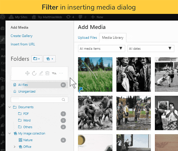 WordPress Real Media Library - filter in inserting media dialog