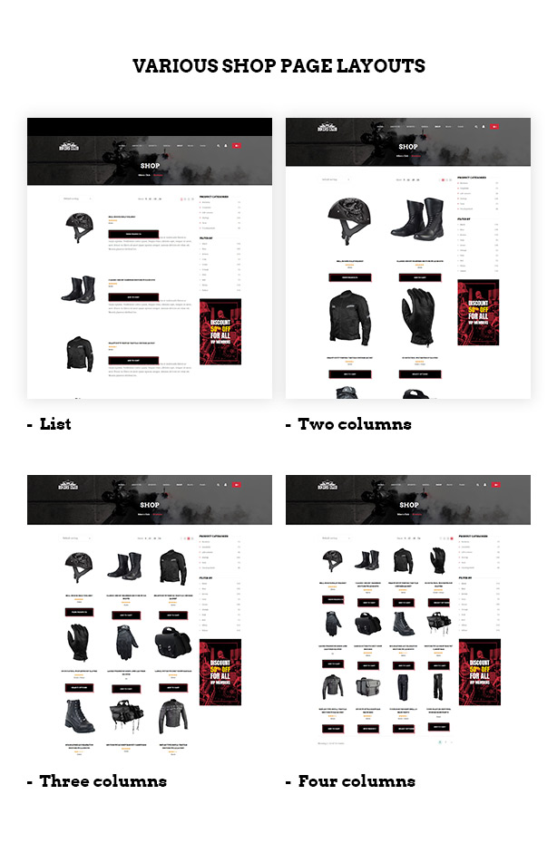 Multiple shop page layouts in Bikersclub Motorcycle club WooCommerce WordPress theme