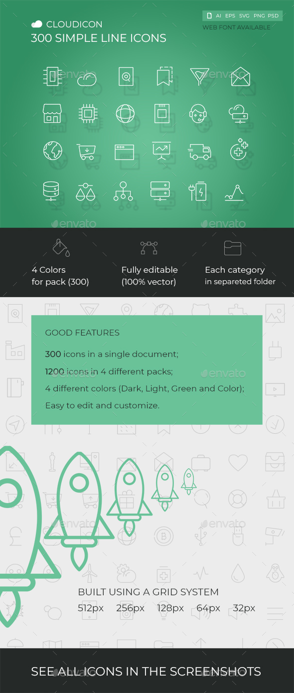 Cloudicon - 300 Simple Line icons Set
