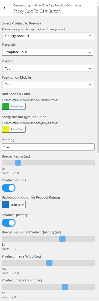 WooCommerce All In One Cart Sticky Add To Cart Customizer Controls