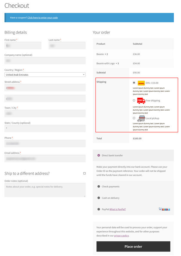 Shipping icons and description display on checkout page