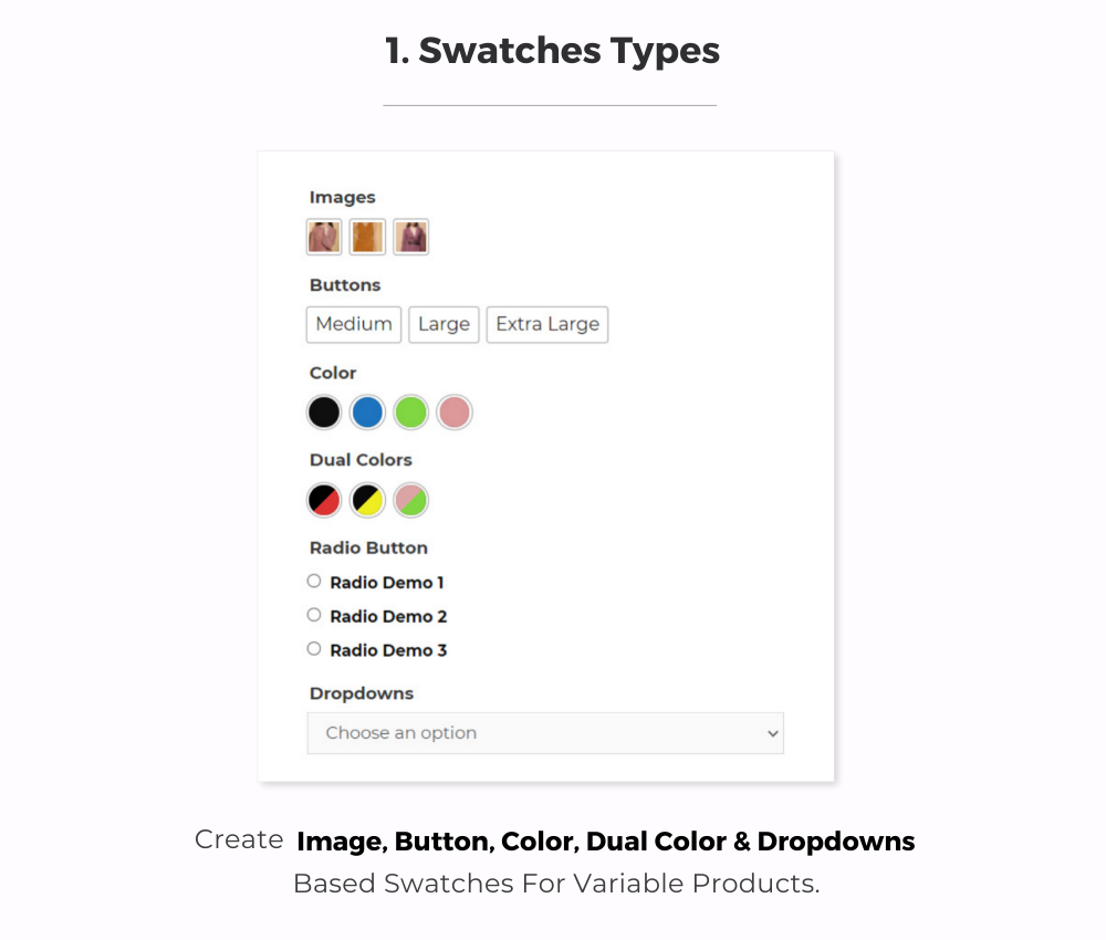 Color, Button, Dual Color, Image Based Variation Swatches