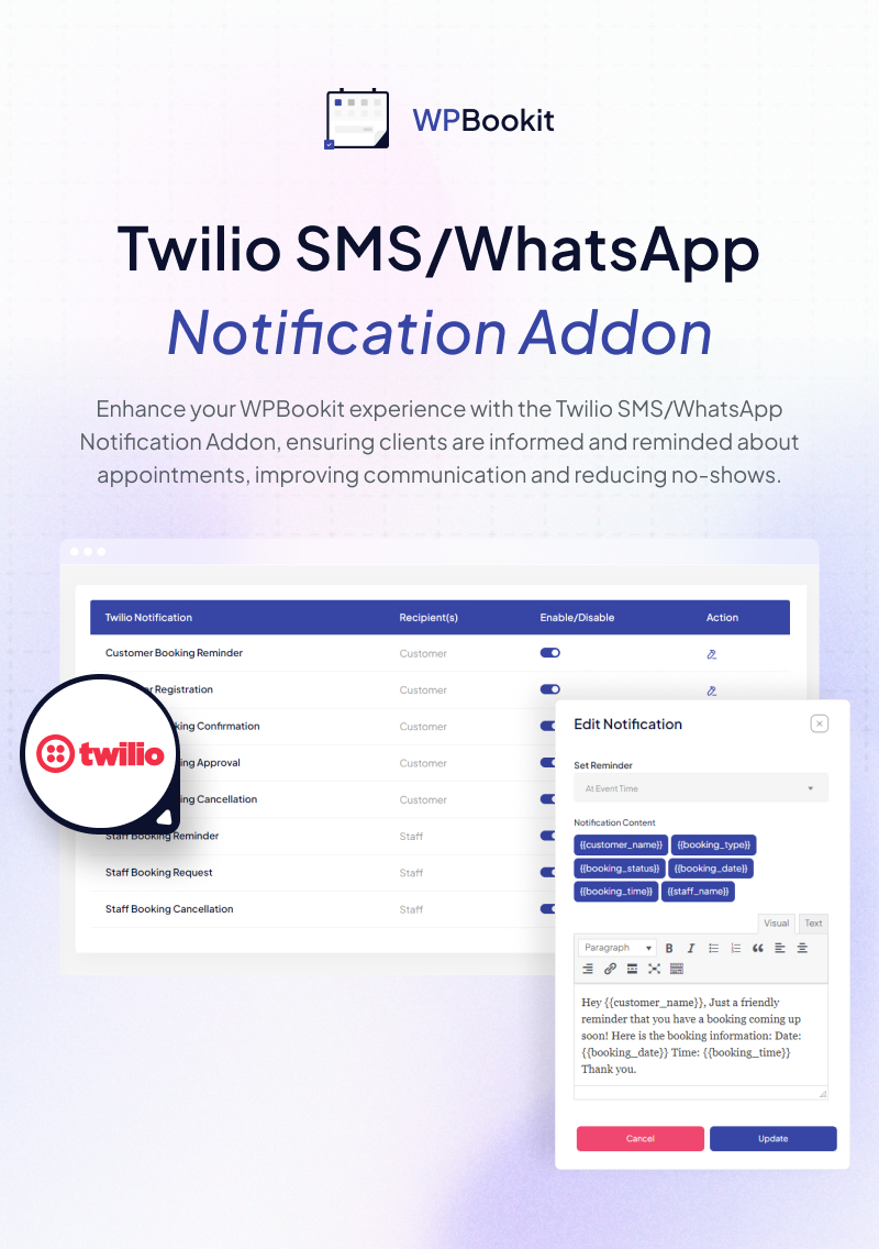 WPBookit - Twilio SMS/WhatsApp Notification (Addon) - 6