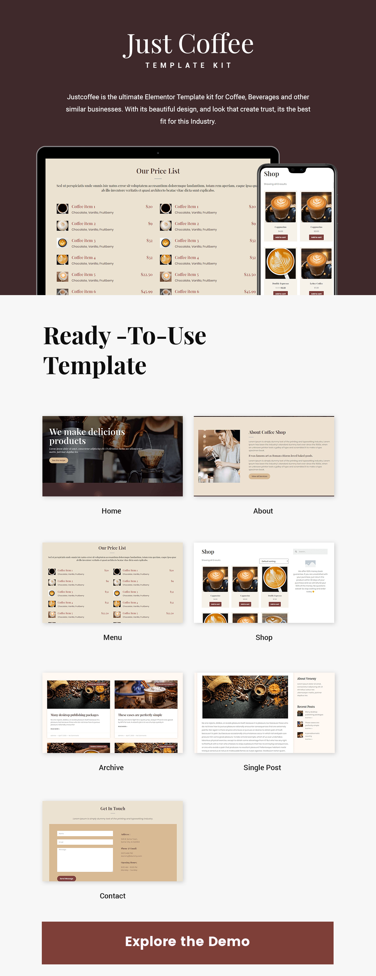 Justcoffee - Cafe Elementor Template Kit - 1