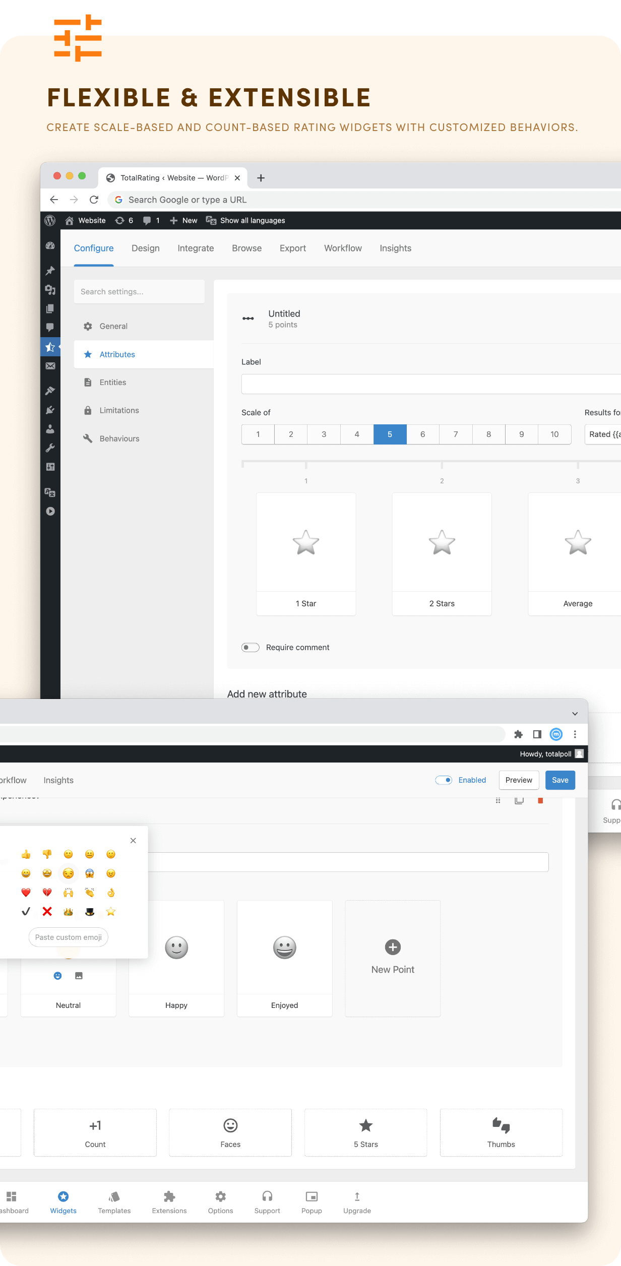 Flexible & Extensible - Create scale-based and count-based rating widgets with customized behaviors.