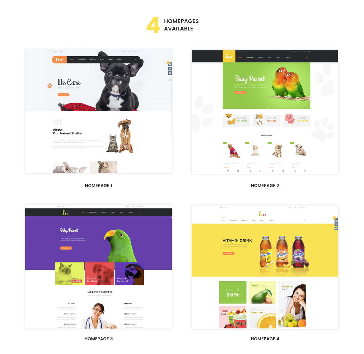 multiple homepages for Food store, Cakery store, Coffee shop, pizza store - PrestaShop Pet Shop Theme