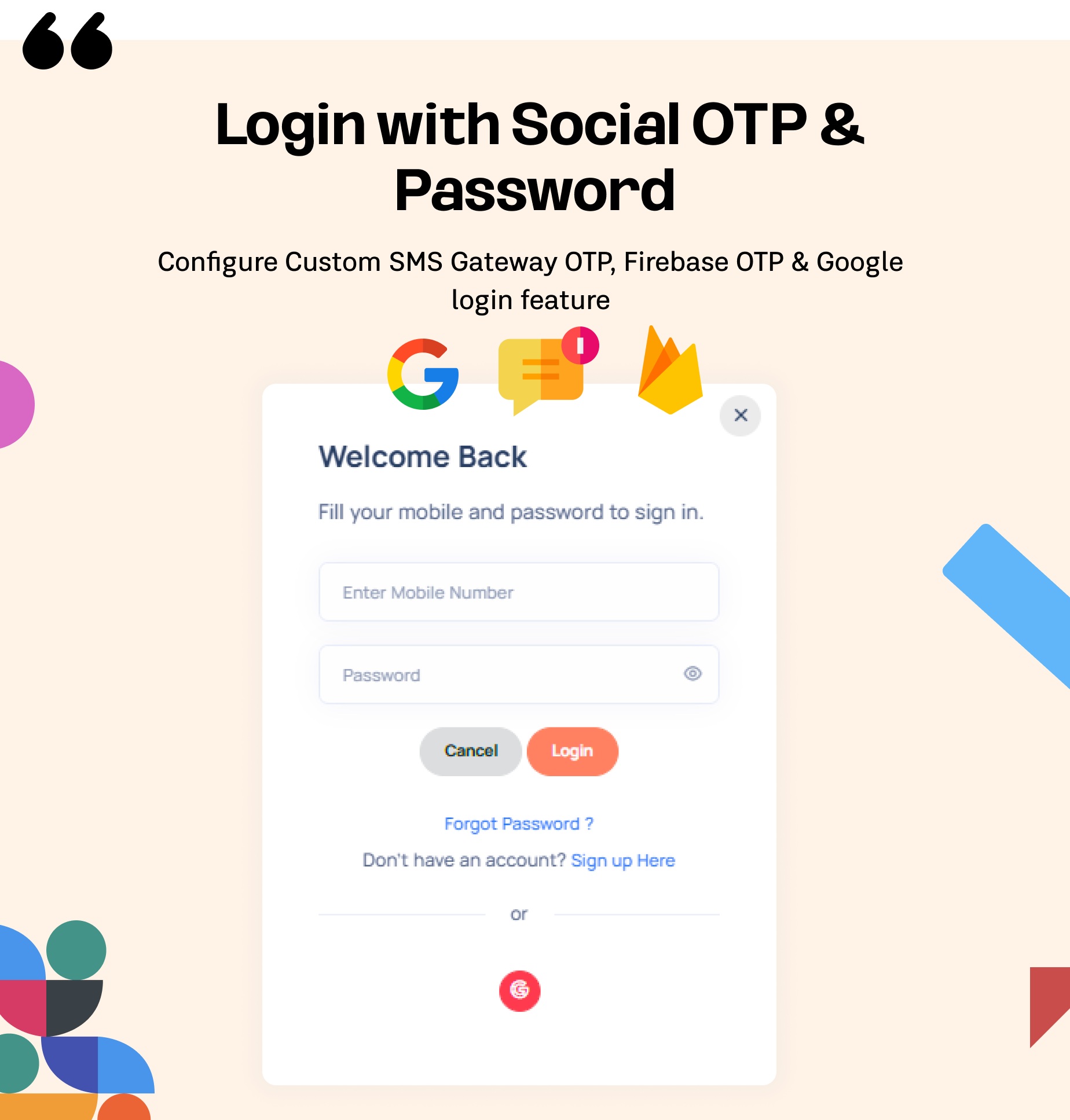 Social and Mobile OPT Login - eShop website Multi vendor ecommerce marketplace / CMS