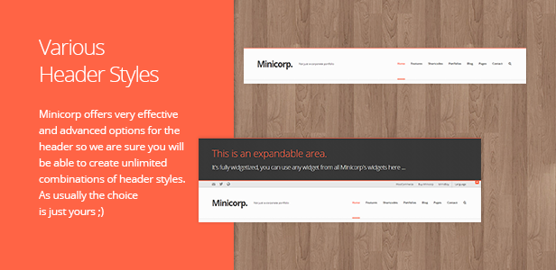 Header Styles. Minicorp offers very effective and advanced options for the header so we are sure you will be able to create unlimited combinations of header styles. As usually the choice is just yours ;)