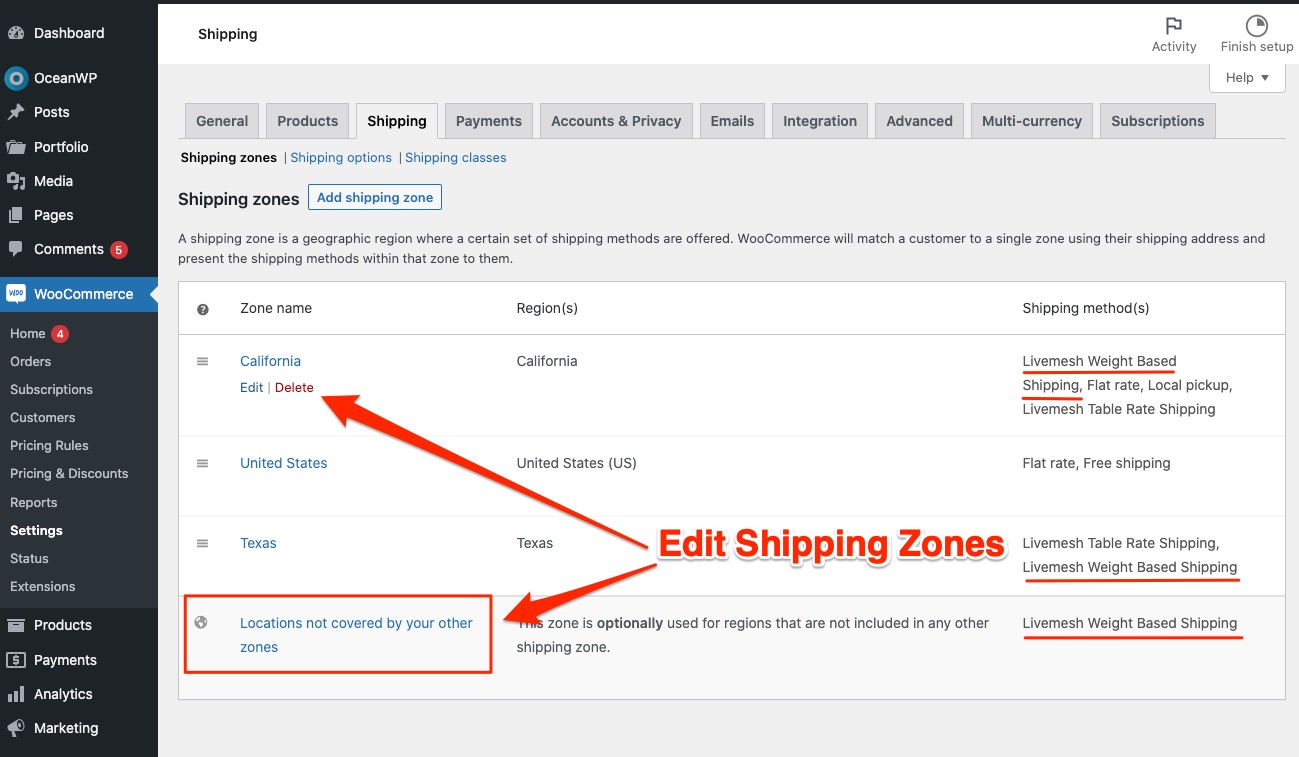 Zones d'expédition WooCommerce