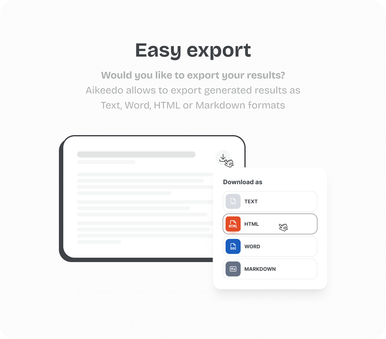 Easy Export Word Doc, TXT, HTML, Markdown @heyaikeedo #aikeedo