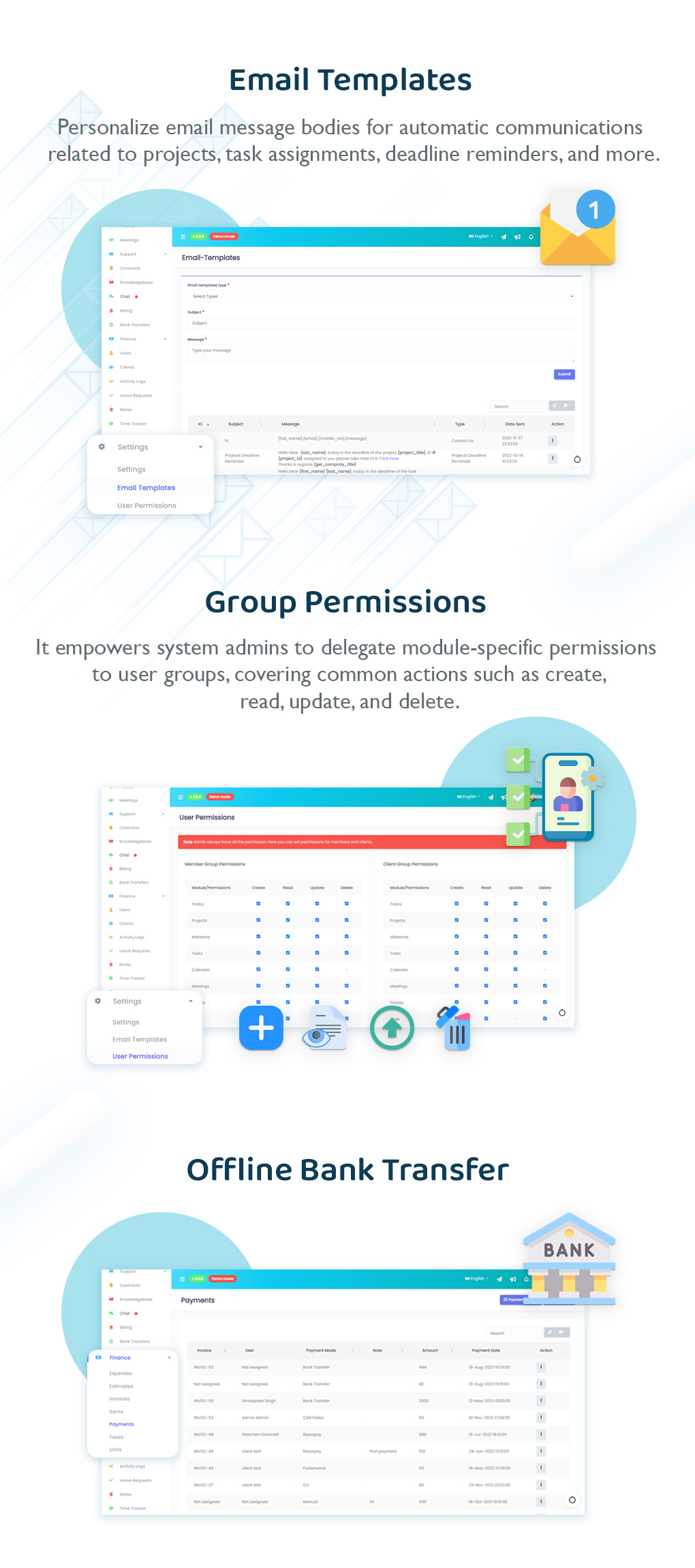 Customized Email Templates, Group Permissions, Offline Bank Transfer - Taskhub SaaS