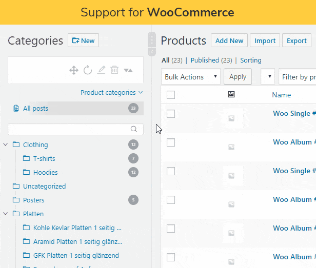 Support for WooCommerce: Manage large product inventories efficiently and with a better overview that saves a lot of time