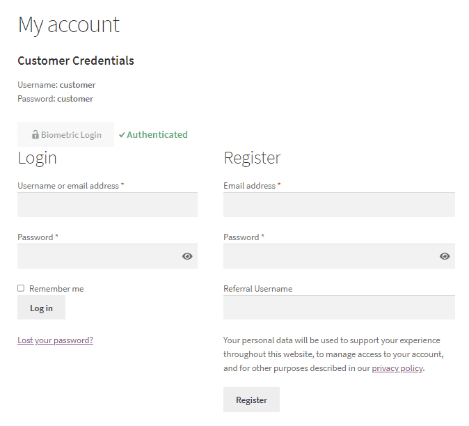 WooCommerce Biometric Login authenticated