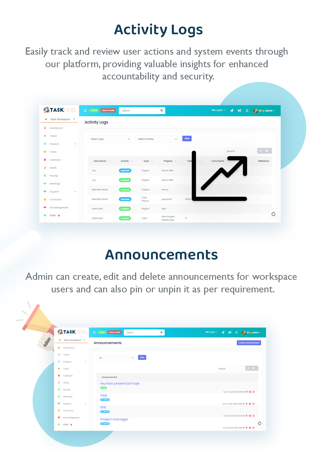 10 - Activity logs & Announcements - Taskhub SaaS