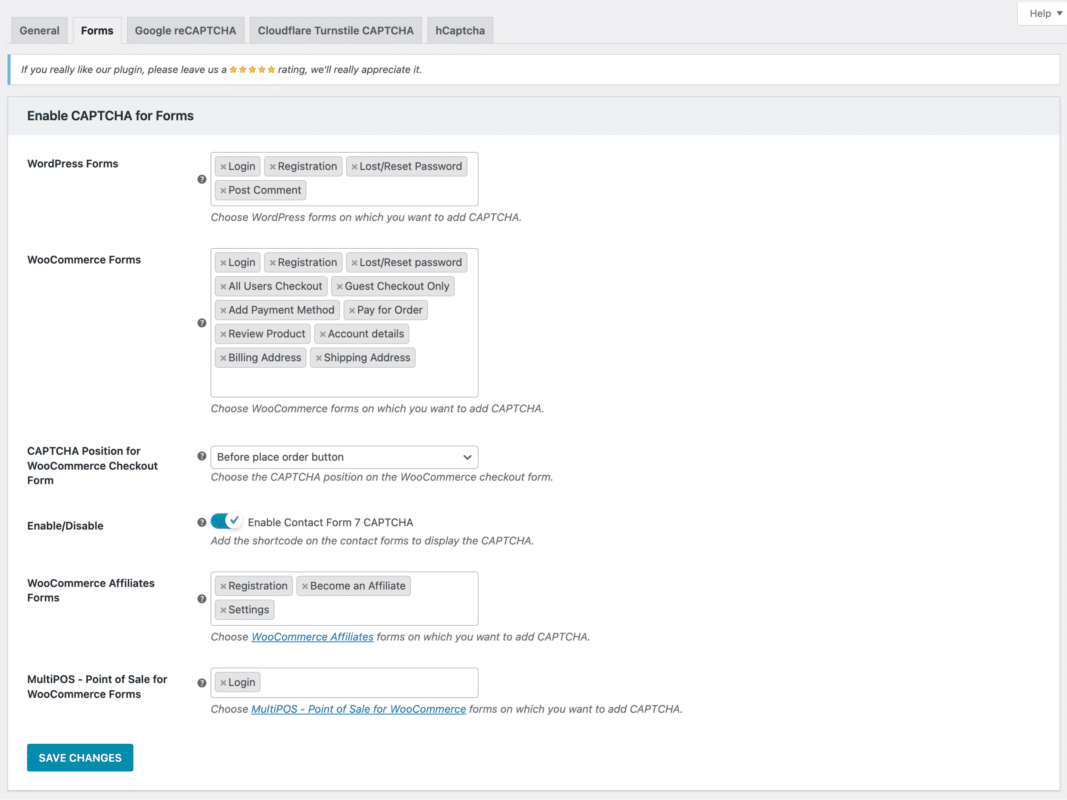 WooCommerce Advanced CAPTCHA Forms Configuration Page