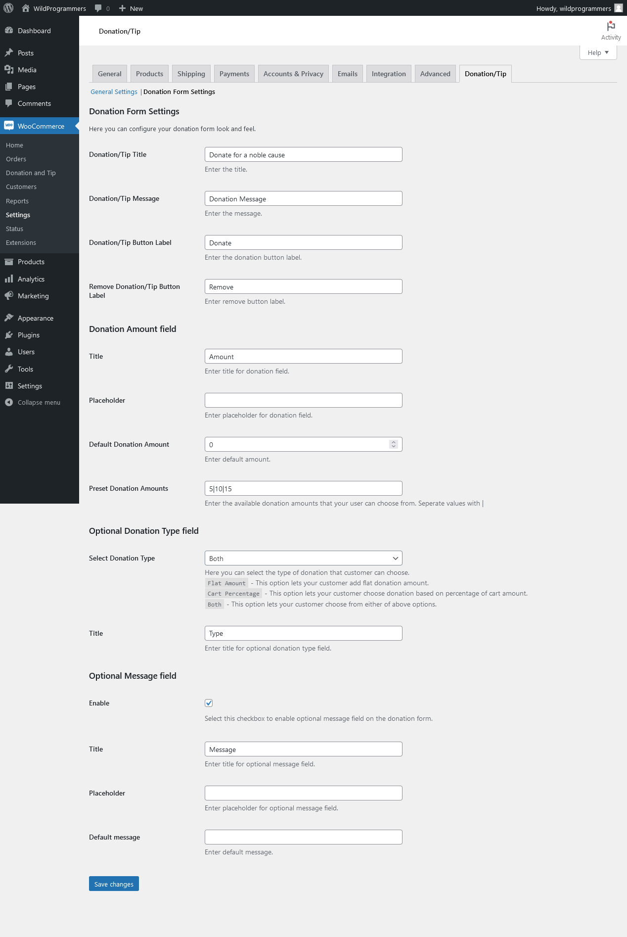 WooCommerce Donation & Tip - Donation Form Settings Page