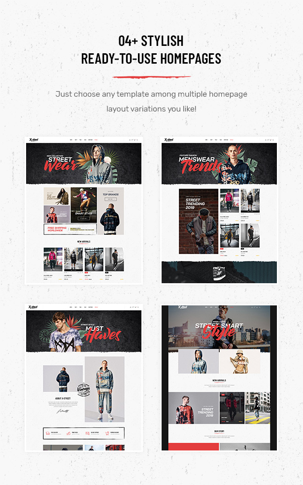 04+ Layouts de página inicial projetados exclusivamente no tema Striz Fashion Ecommerce WordPress