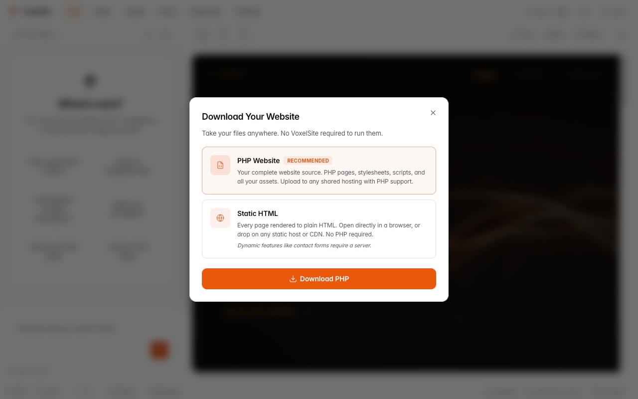 Download modal with PHP and static HTML export options