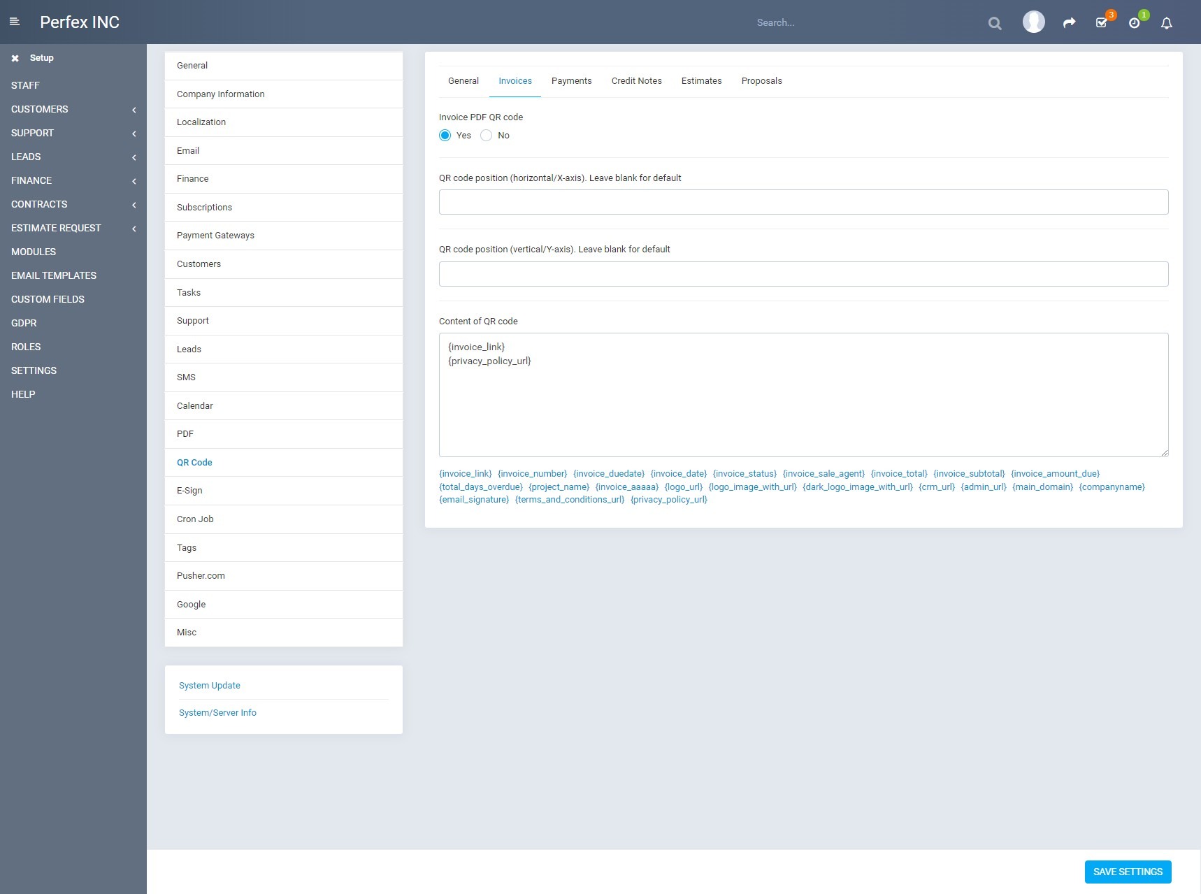 Invoice settings QR code Perfex