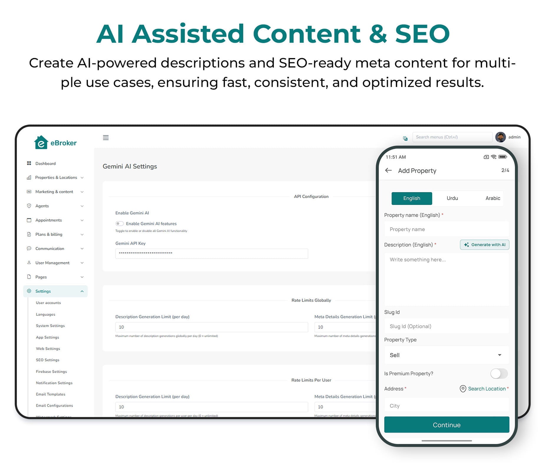 AI assisted content & SEO - Real estate mobile app template