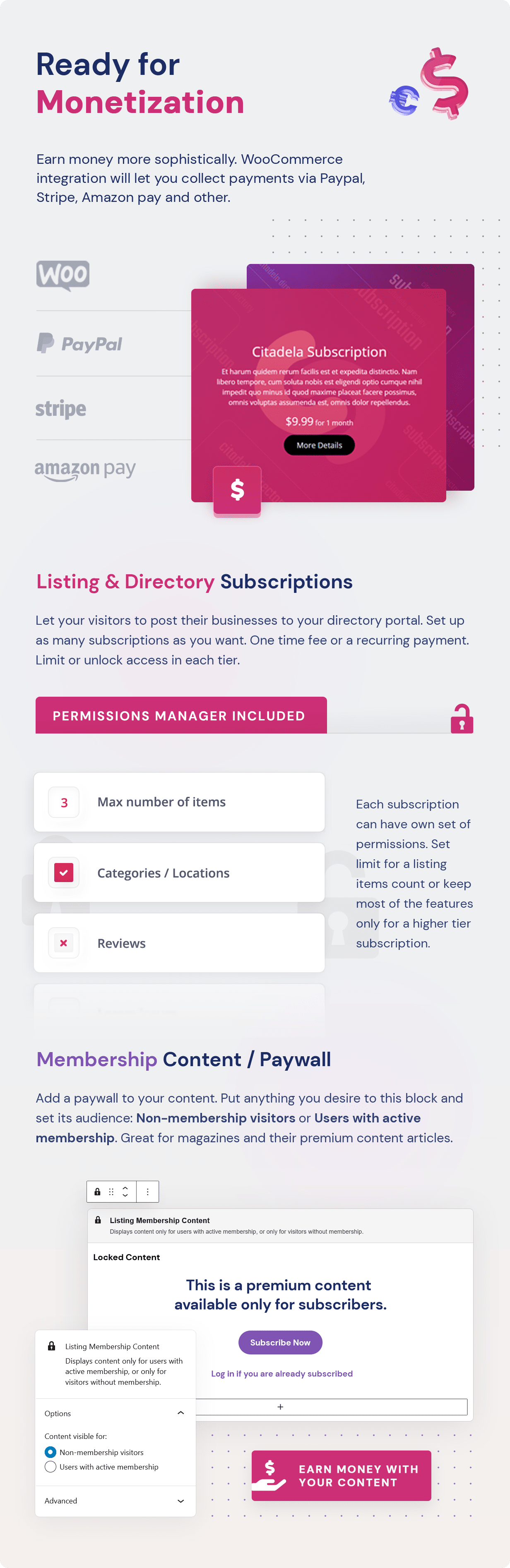 Ready for monetization - Listing & Directory Supscriptions, Membership Content / Paywall