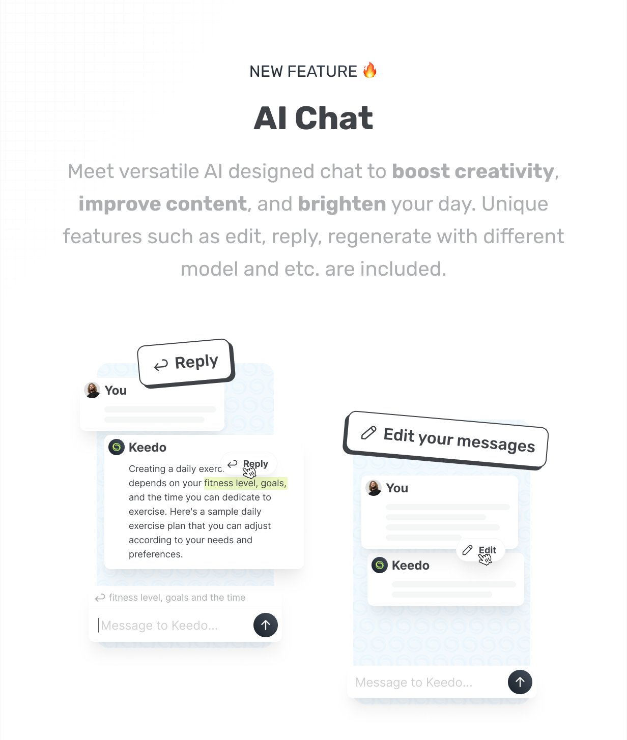 AI Chat Features, Edit your message, Reply selected texts, Re-generate different model @heyaikeedo #aikeedo