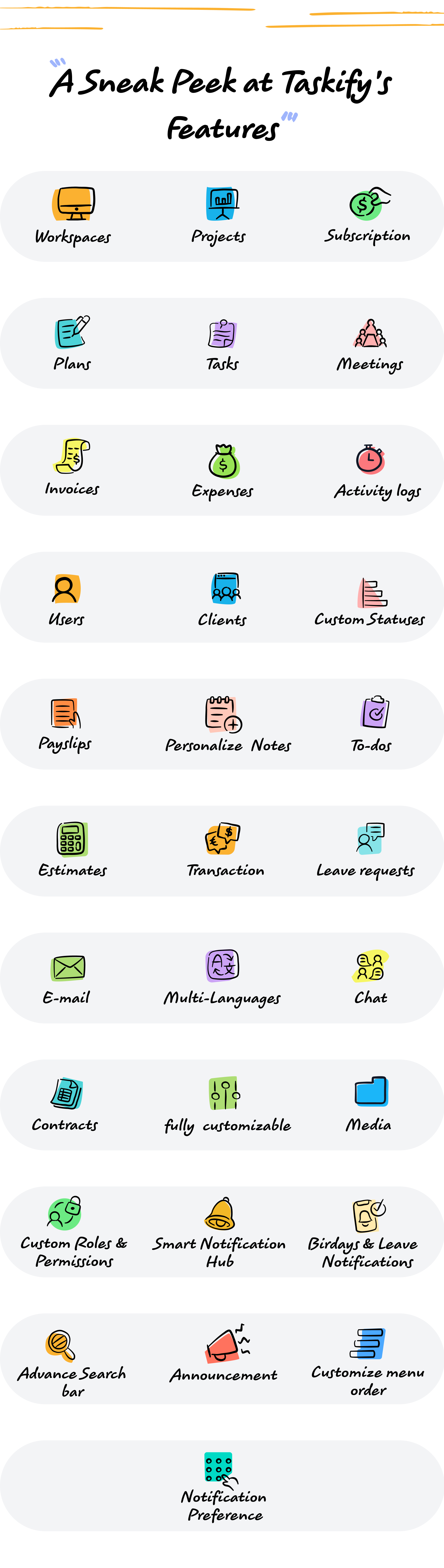 Features list - Taskify SaaS - Project Management, Task Management & Productivity Tool