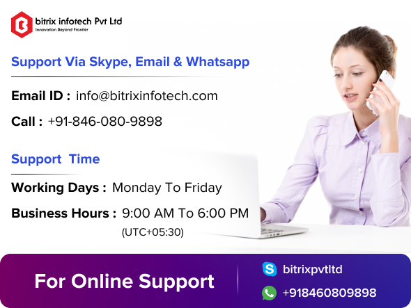 Bitrix infotech pvt ltd support image including Email, Contact number, Working days and Business hours detail.