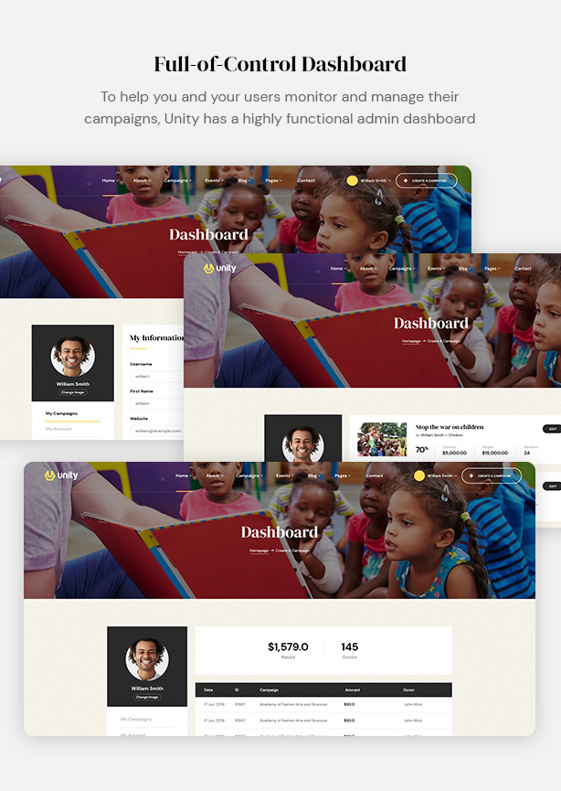 Unity - Crowdfunding WordPress Theme - dashboard