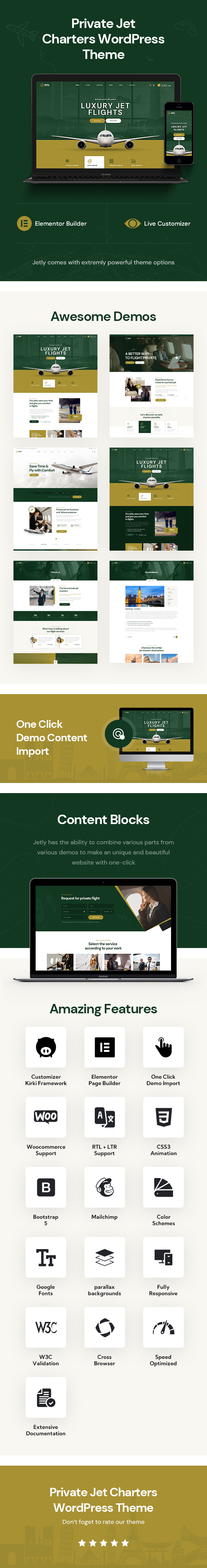 Jetly is a very modern & good-looking private jet charters WordPress Theme.  It is specially designed for aviation, airline companies, airplane charter, private charter, aircraft flight, airport, flight school, jet service, air taxi, business transfer, and pilot school websites and businesses.