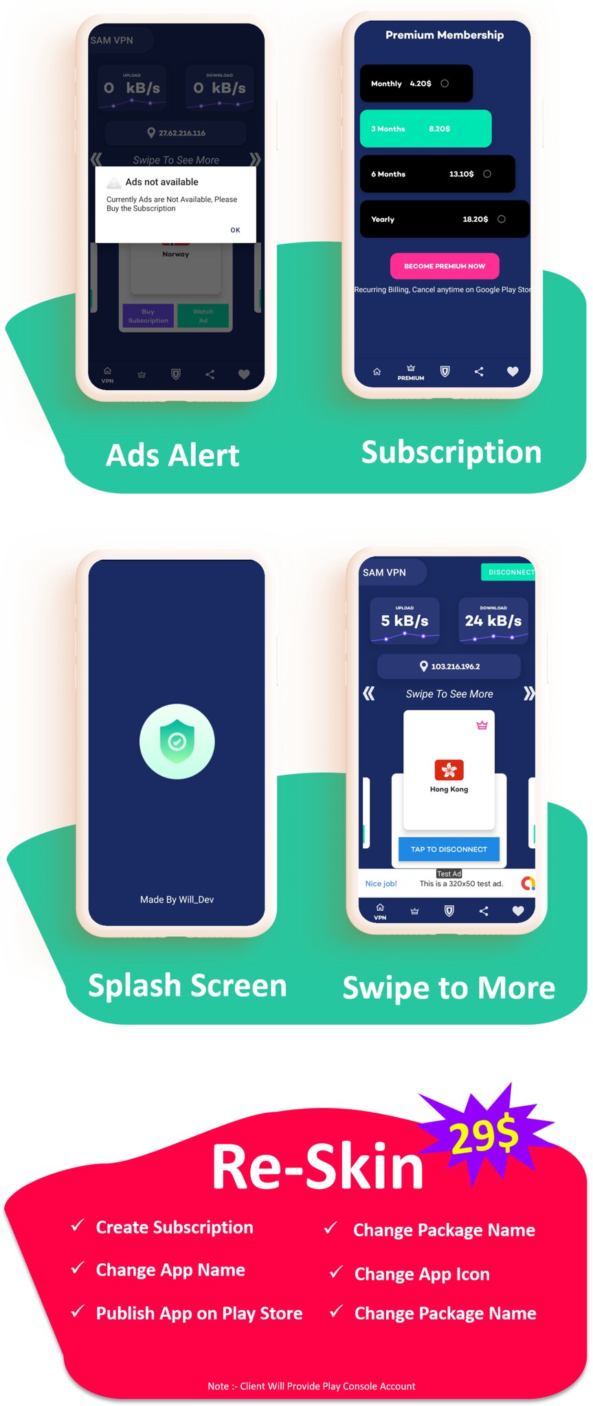 SAM VPN App - Secure VPN and Fast Servers VPN  | Reward Video Ads | Subscription | Admob & FB Ads - 5