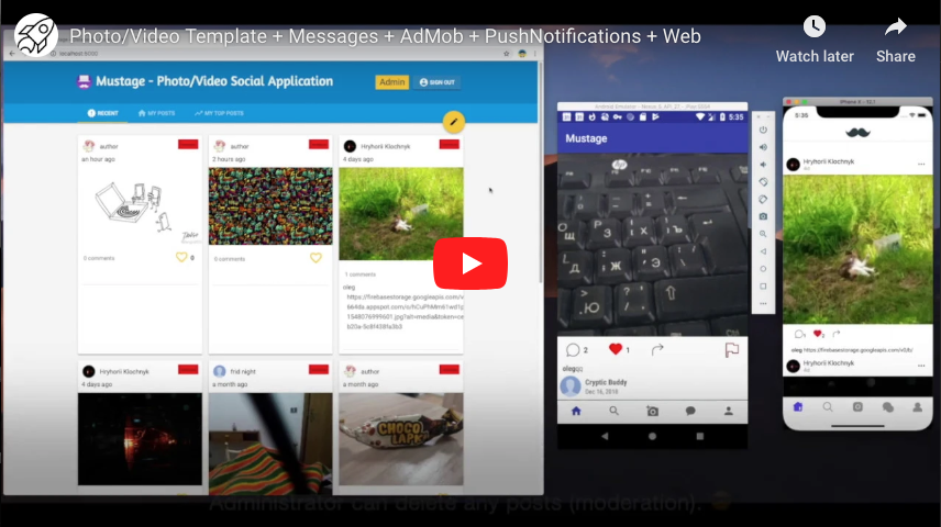 Easy to start. XCode 8 and higher. Support iOS 9+ and latest. Swift 4.0 ready. Push Notifications with Dashboard. Search users. Direct Messages. Follow/Unfollow users. Admob monetization (easy to configure). Analytics (build-in and it’s just works). Email and/or Google and/or Facebook authorization enabled. Photo feed (pagination enabled to optimize network usage). Video feed with auto-playback. Uploading photos and videos with progress bars. Real-time Likes and comments (it feels like a chat). Website version (images and comments)