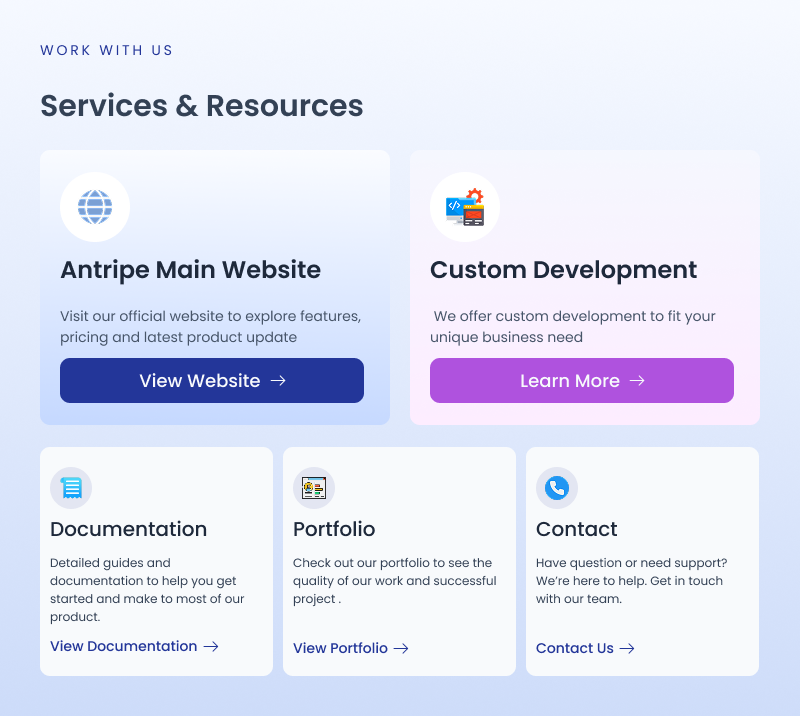 Work with Antripe: main website, custom development, documentation, portfolio and contact resources.