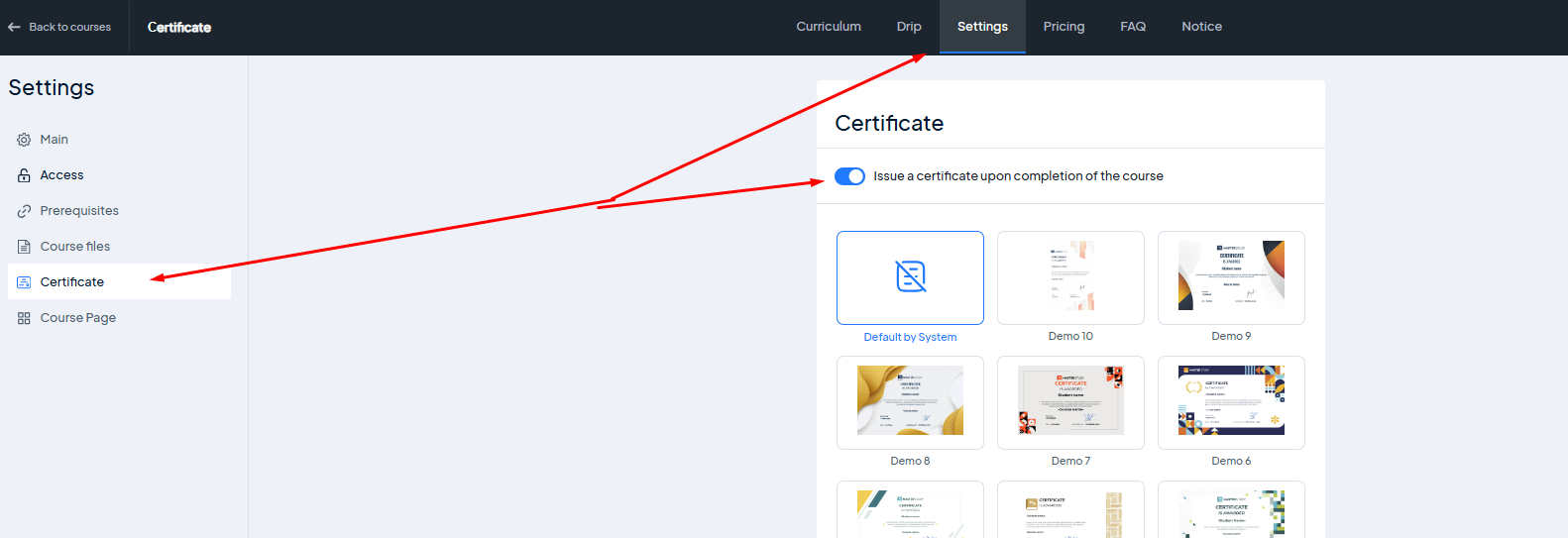 Issue a certificate upon completion of the course setting