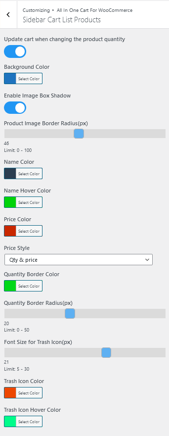 WooCommerce All In One Cart Sidebar Cart Customizer Products Controls