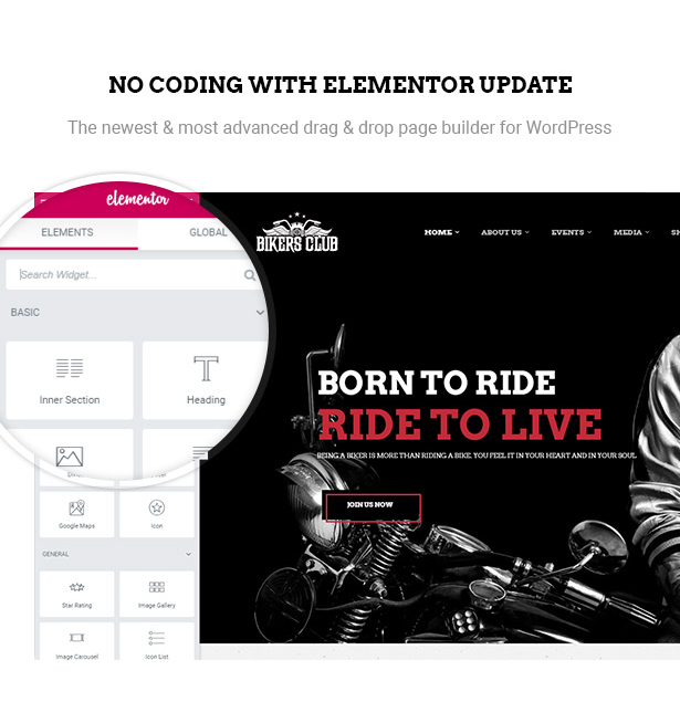 Page Builder Elementor in Bikersclub Motorcycle WordPress theme
