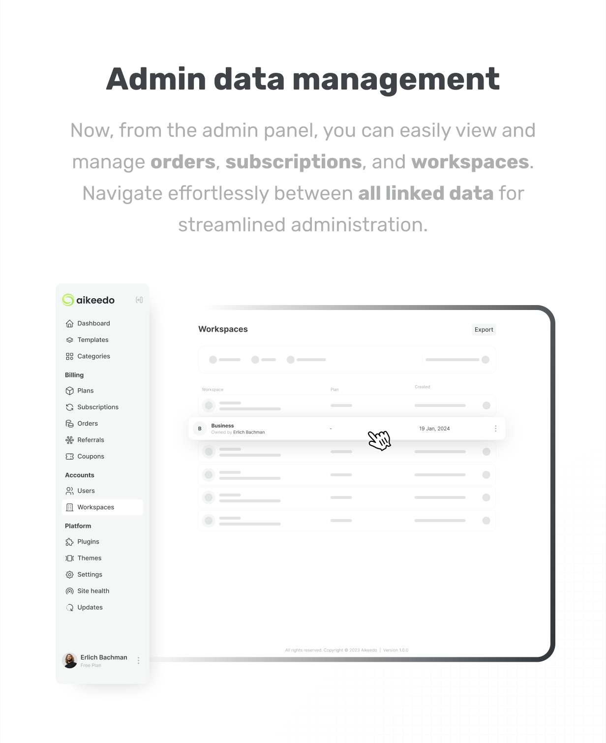 Manage orders, subscriptions, workspaces, linked data aikeedo @heyaikeedo