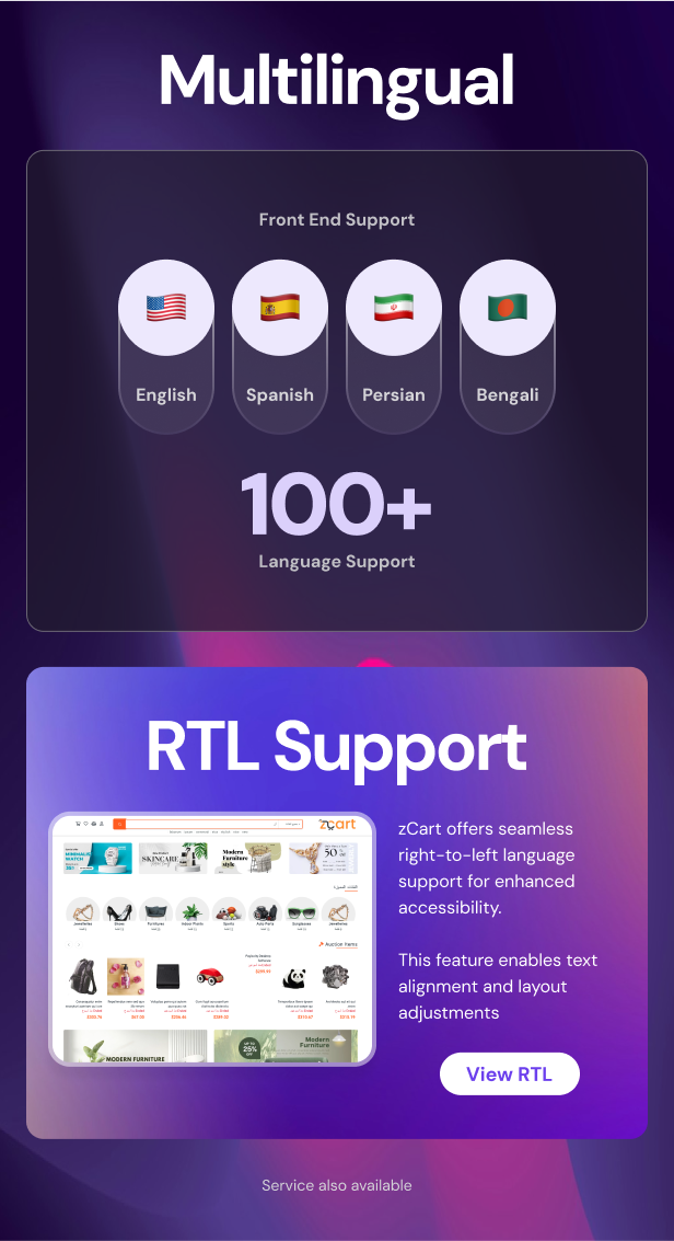 zCart'ta 100'den fazla dil desteği ve RTL dil desteği