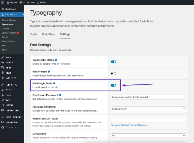 Kalium theme Typogrpahy area