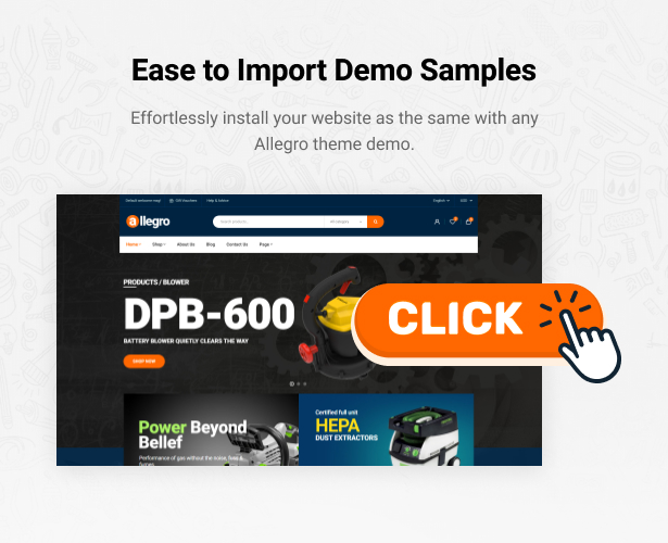 Allegro Equipment Elementor WordPress 1 Click Installation Import